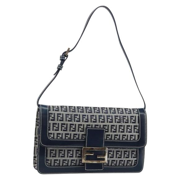 FENDI Zucchino Canvas Mamma Baguette Shoulder Bag Navy Silver - Picture 1 of 13